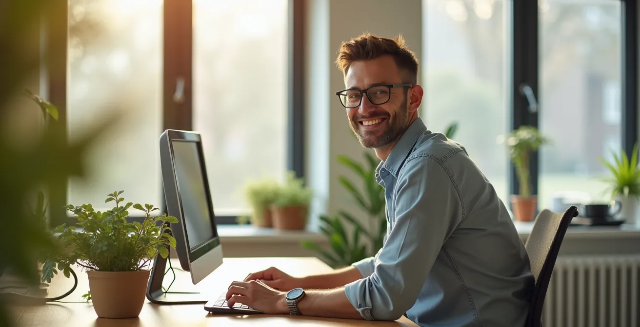Espace de travail moderne baigné de lumière naturelle à travers des fenêtres impeccables