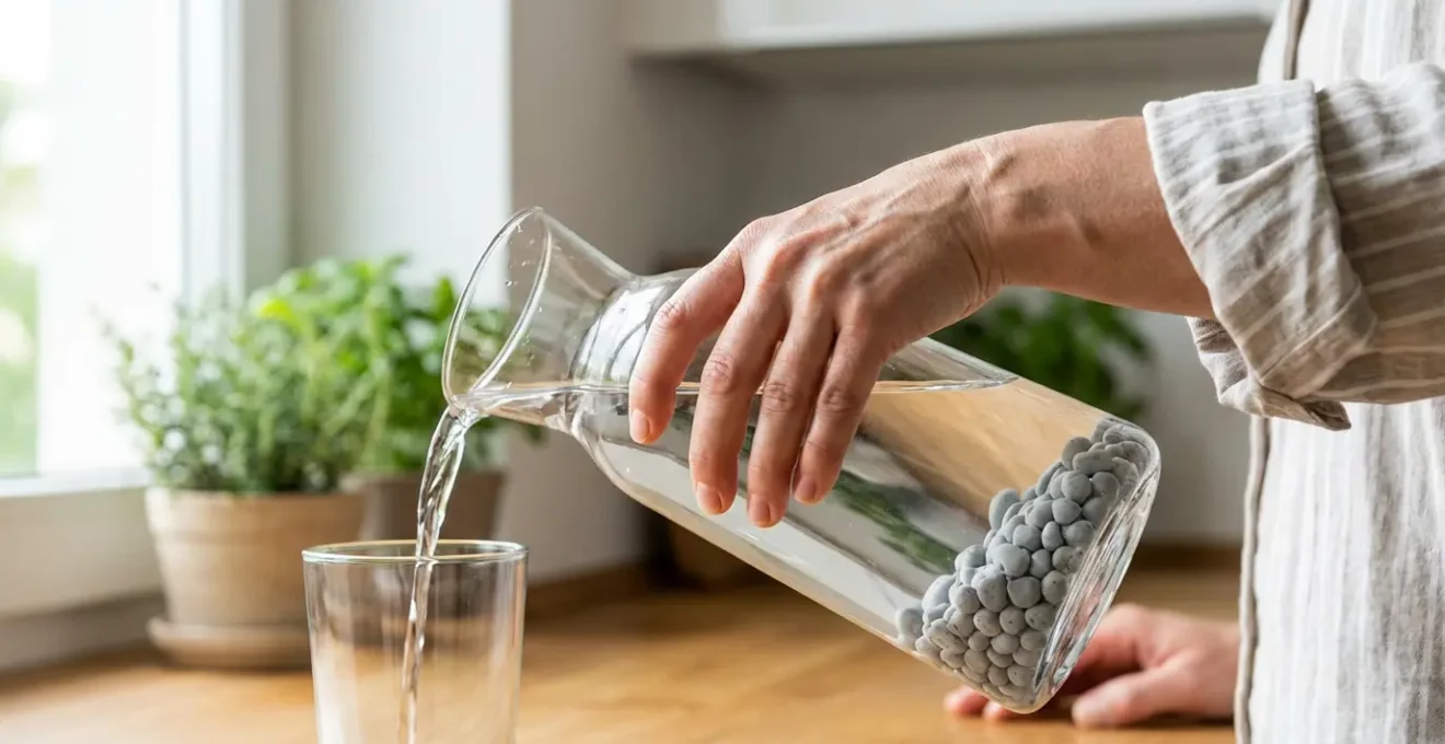 Carafe en verre avec perles de céramique versant eau fraîche dans cuisine lumineuse