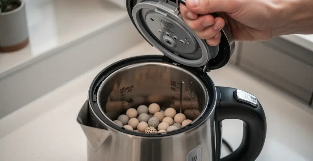 Bouilloire électrique ouverte montrant des perles de céramique au fond