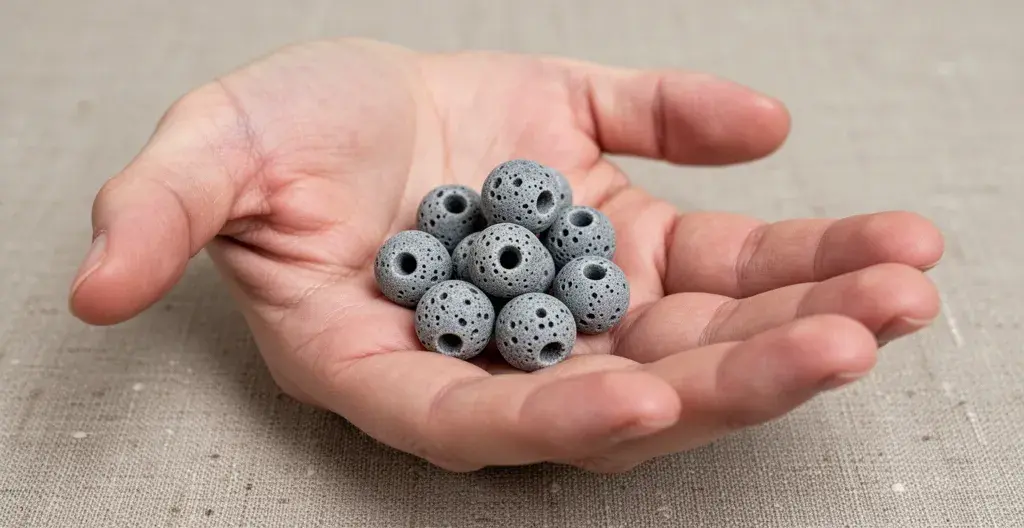 Perles de céramique grises montrant leur texture poreuse dans une main ouverte